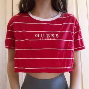 Guess white and red striped cropped tee